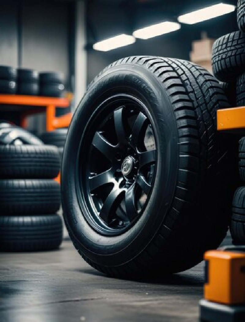 A stack of tires that are on a shelf